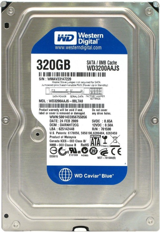 Б/У HDD 3.5" 320 Gb Western Digital Caviar Blue <WD3200AAJS> 7200rpm 8Mb SATA-III