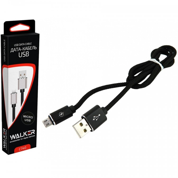 Кабель microUSB -> USB 1.0м WALKER C740 в мат. обмотке, металл разъём, черный