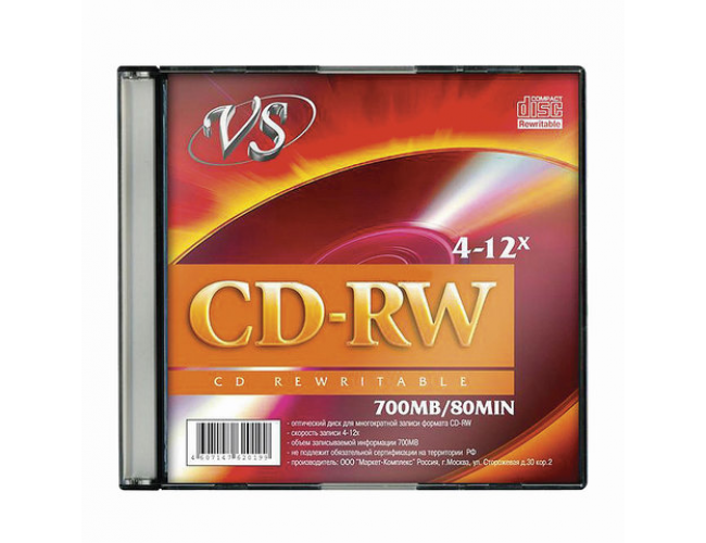 Диск CD-RW VS 700Mb 12x Slim Case  (1шт)