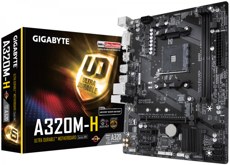 Материнская плата Gigabyte GA-A320M-H V1.1 AM4 <A320> PCI-E DVI+HDMI GbLAN SATA RAID MicroATX 2DDR4