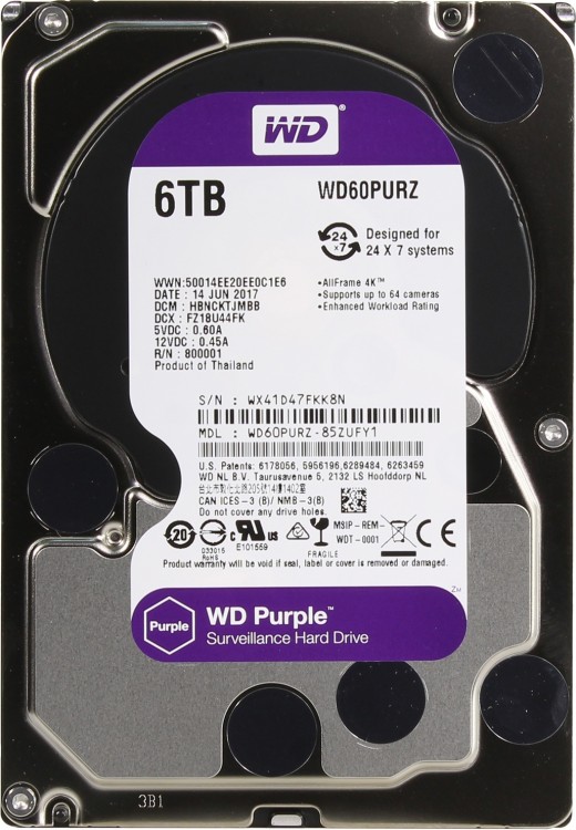 HDD 3.5" 6 Tb Western Digital Purple <WD60PURZ> IntelliPower 64Mb SATA-III