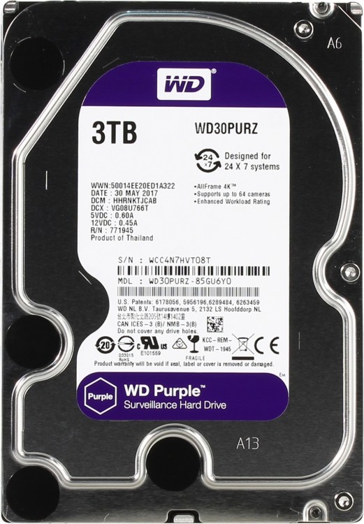 HDD 3.5" 3 Tb Western Digital Purple <WD30PURZ> IntelliPower 64Mb SATA-III