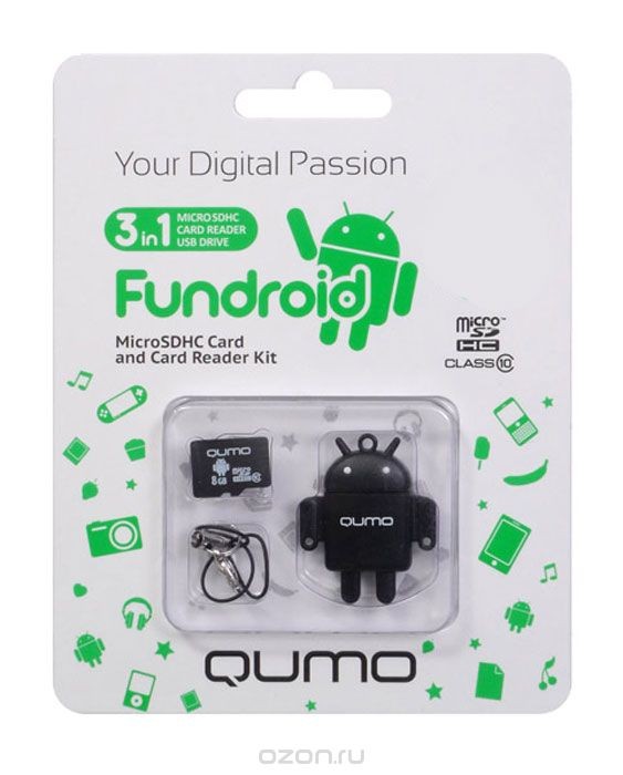 Флешка microSDHC 8Gb Qumo Fundroid Сlass10 +USB MicroSD Reader
