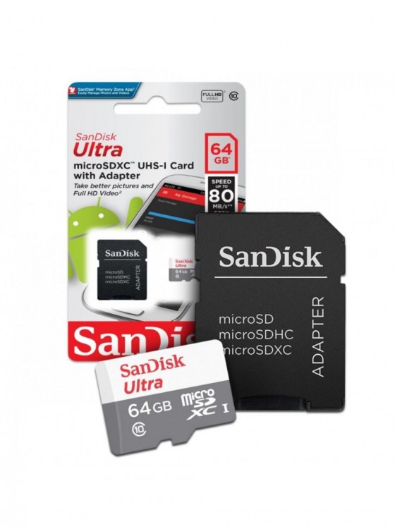 Флешка microSDHC 64Gb SanDisk + адаптер