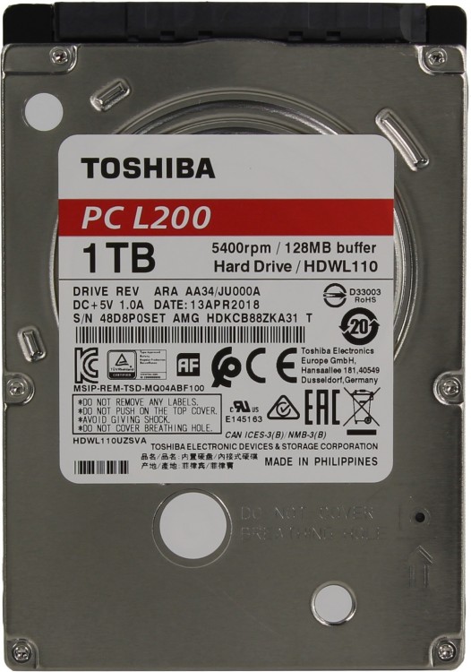 HDD 2.5" 1 Tb Toshiba L200 <HDWL110EZSTA> 5400rpm 128Mb SATA-II