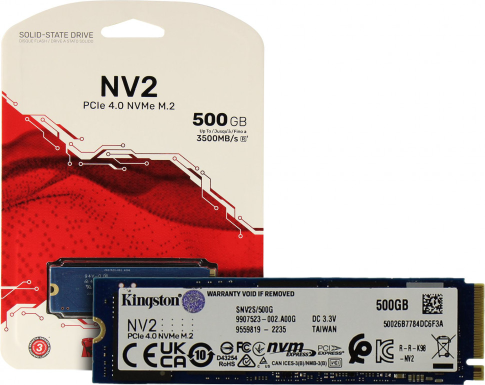 SSD NVMe 500 Gb Kingston SNV2S / 500G (150TBW / 2100:1700Мбайт / с)