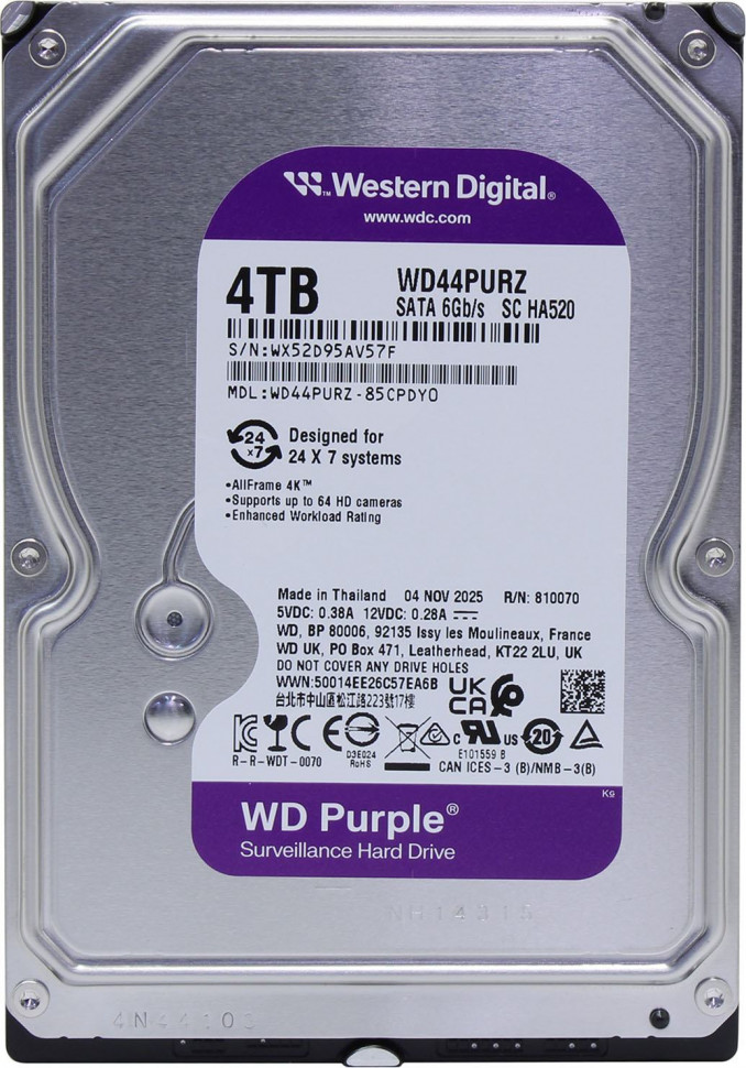 HDD 3.5 4 Tb Western Digital Purple WD44PURZ (5400rpm / 128Mb)