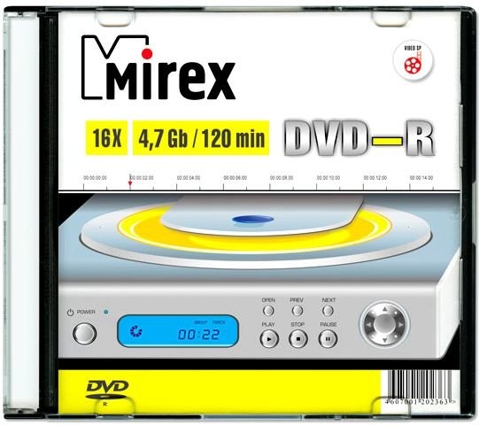 Диск DVD-R Mirex 4.7 Gb, 16x, Slim Case (1шт)