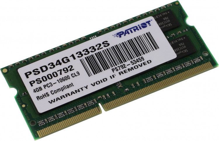 Память DDR3 SO-DIMM 4Gb PC3-10600  /  CL9 Patriot PSD34G13332S