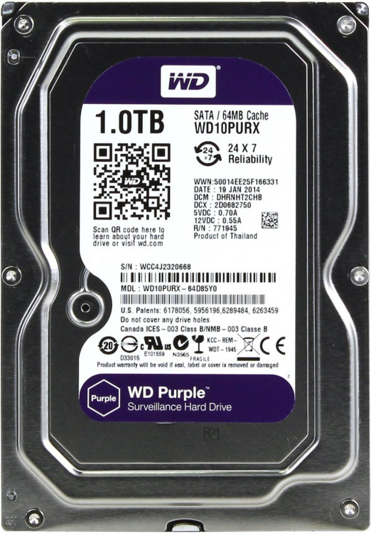 HDD 3.5" 1 Tb Western Digital Purple WD10PURX 64Mb  /  SATA-III